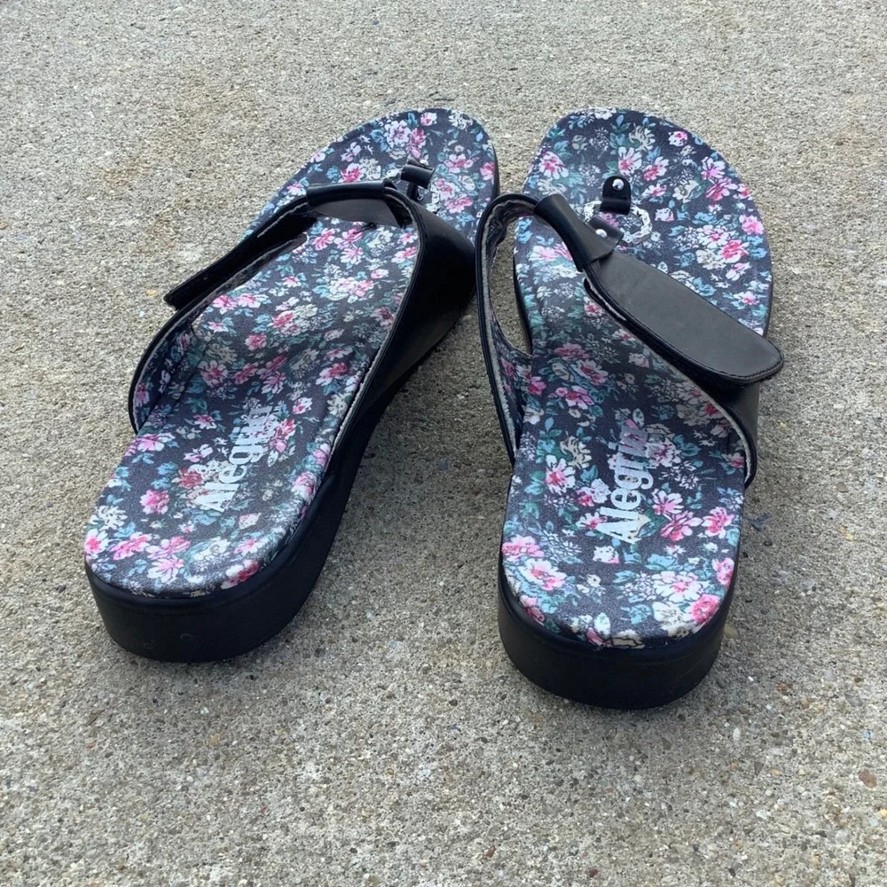 Alegria‎ by PG Lite Women Black Floral Thong Sandals Platform MOX-7541 Size 41